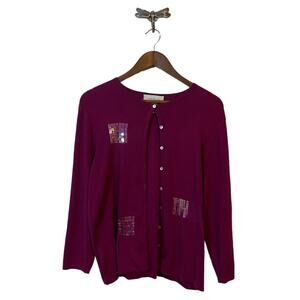 NEW Susan Bristol Silk Blend Sequin Detailed Berry Cardigan Women's Size L NWT
